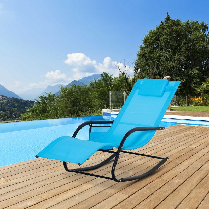 Outsunny Outdoor Rocking Chair, Patio Sling Sun Lounger, Pocket, Recliner Rocker, Lounge Chair with Detachable Pillow for Deck, Garden or Pool, Blue