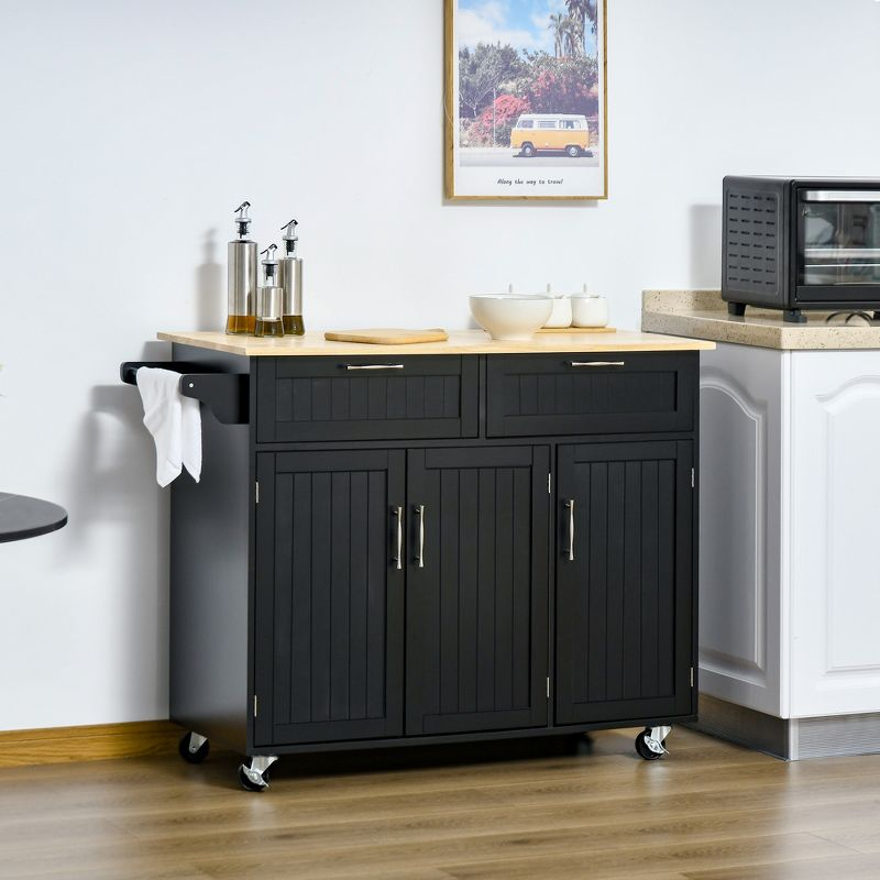 HOMCOM Modern Kitchen Island Cart on Wheels with Storage Drawers, Rolling Utility Cart with Adjustable Shelves, Cabinets and Towel Rack, Black
