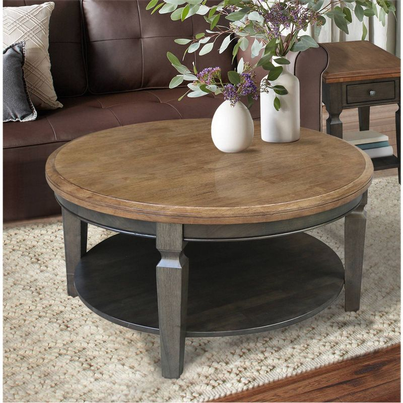 Vista Round Coffee Table Hickory Brown - International Concepts: Solid Wood, Mid-Century Modern, Fixed Shelf