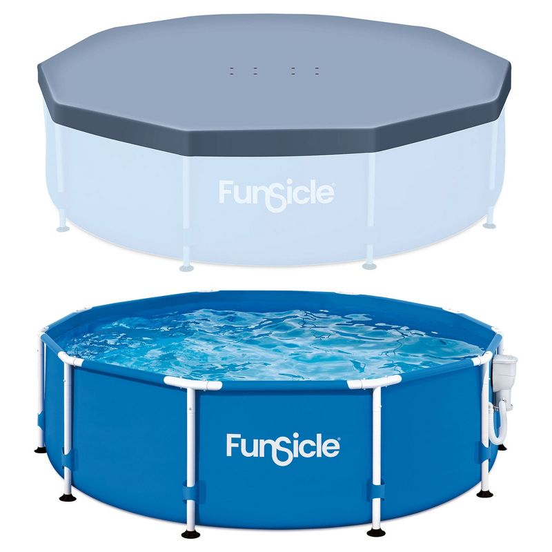 Funsicle 10' x 30" Outdoor Activity Round Metal Frame Above Ground Swimming Pool Set with 10' Secure Debris Pool Cover & SkimmerPlus Filter Pump, Blue