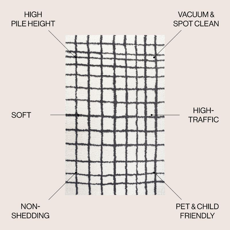 4'x6' Arenal Geometric Grid Shag Area Rug, White/Black - JONATHAN Y