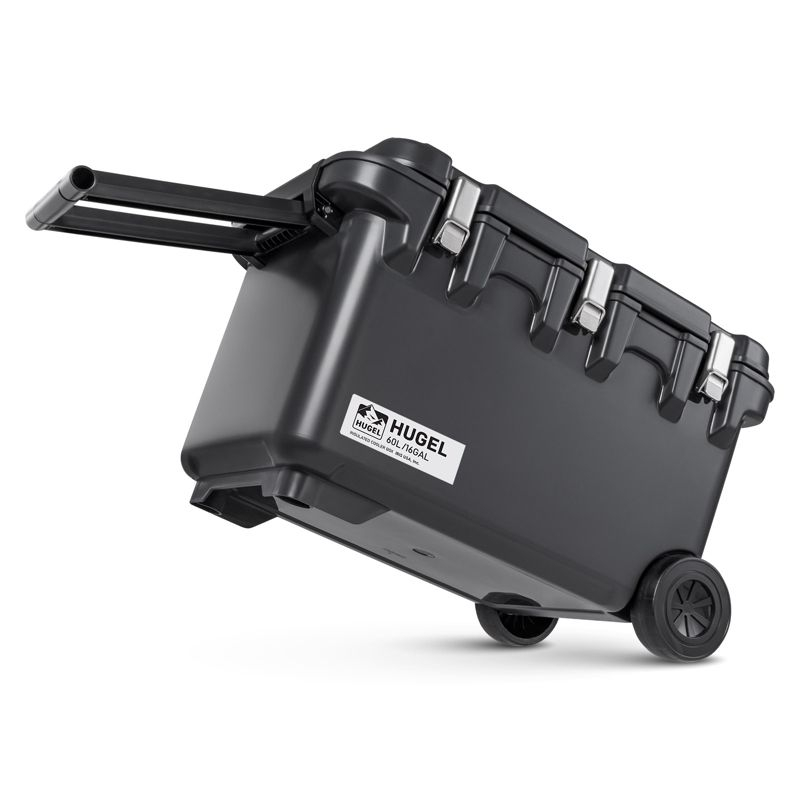 IRIS USA HUGEL 64 QT Cooler Box Insulated, Hard Cooler, Vacuum-Insulated Panels Durable Portable Ice Chest with Built-in Handle and Wheels, Black