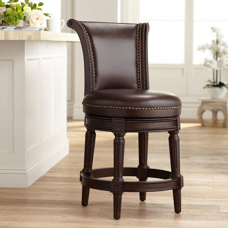 55 Downing Street Addison Walnut Swivel Bar Stool Brown 26" High Traditional Mocha Leather Cushion with Backrest Footrest for Kitchen Counter Height