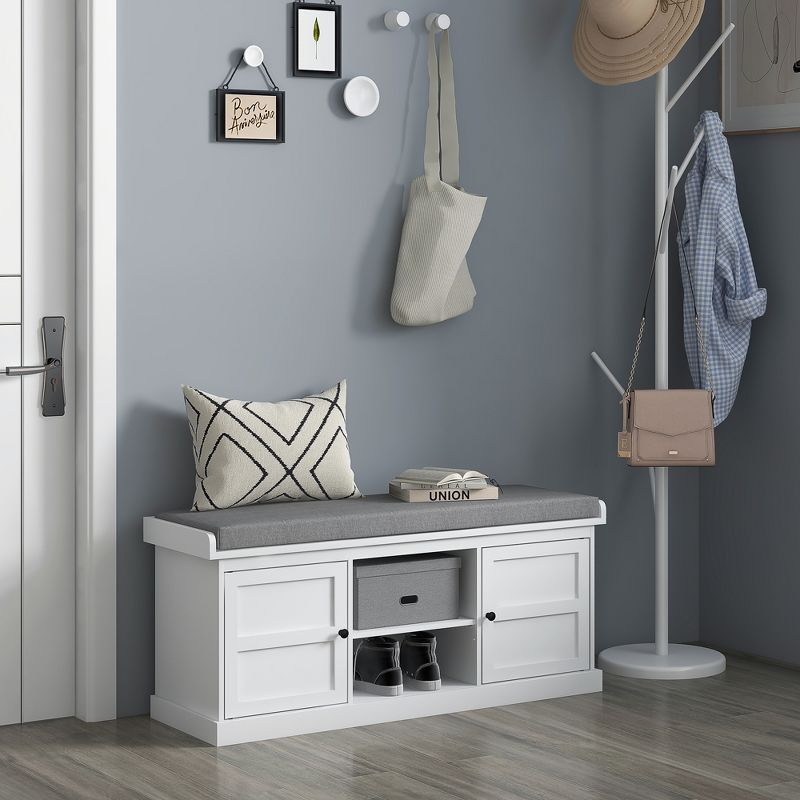 HOMCOM Shoe Bench with Cushion, Storage Bench for Entryway with Padded Seat, 2 Cabinets and Adjustable Shelf for Hallway, Living Room, Bedroom, White