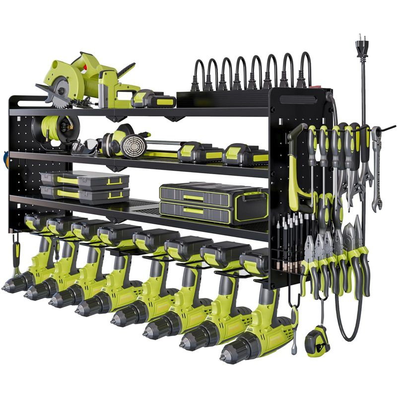 Hausource 4-Tier Tool Organizer Wall Mount Tool Storage Utility Shelf w/8 Drill Holder,Red/Black/Yellow