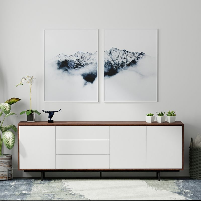 Glenwillow Home Atlas 78" x 28" Highboy Modern TV Stand Cabinet And Sideboard - Walnut Frame, White Door/Drawers, Black Base