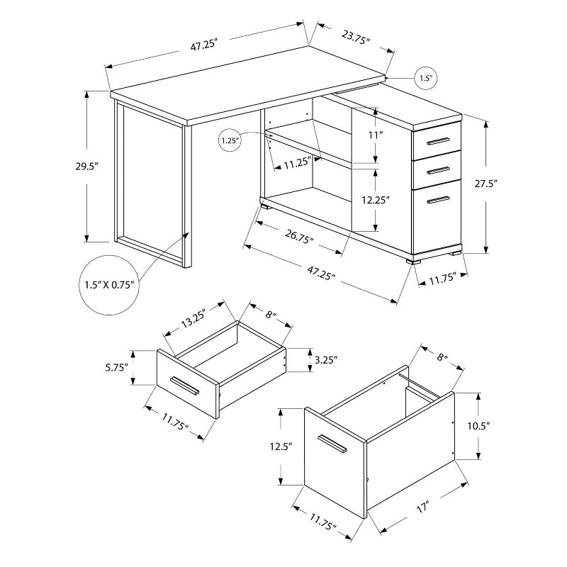 Monarch Specialties Computer Desk Home Office Corner Left Right Set-Up Storage Drawers L Shape  Metal Laminate Black Grey Contemporary Modern