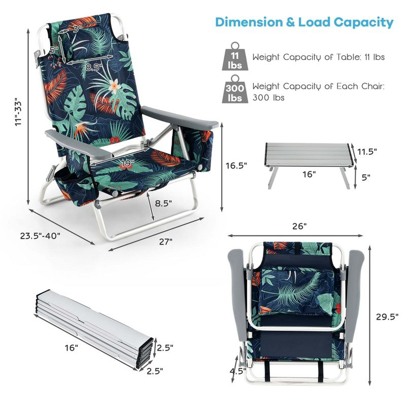 Costway 2-Pack Folding Backpack Beach Chair Table Set 5-Position Outdoor Reclining Chair Printed