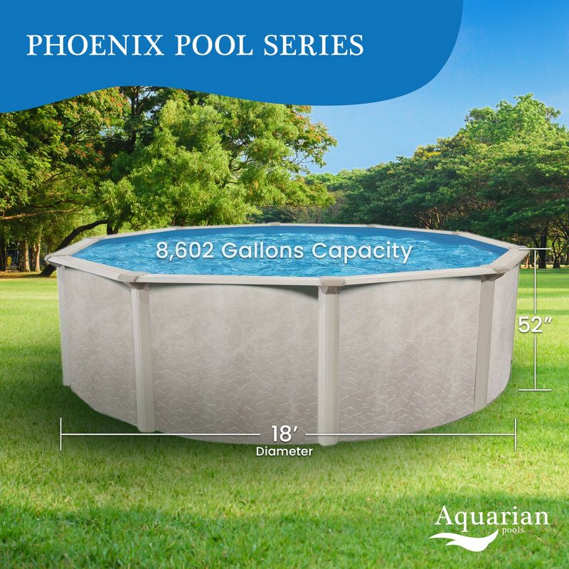 Aquarian Phoenix 18' x 52" Steel Frame Above-Ground Pool Kit, DIY Family Size Backyard Pool with Sand Filter Pump, Ladder, Liner, & Thru-Wall Skimmer