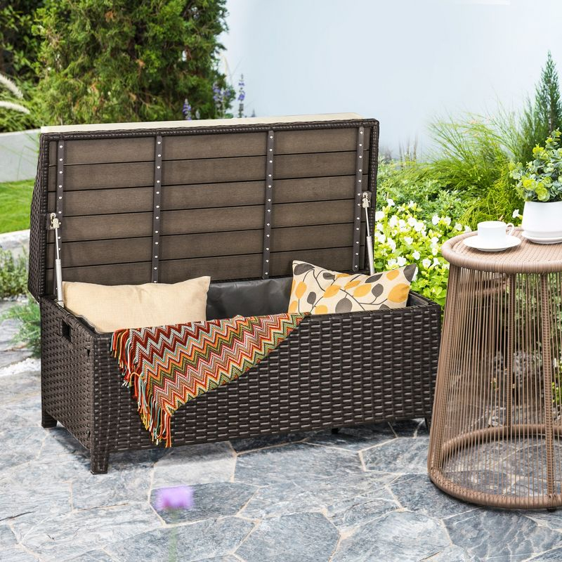 Outsunny Storage Bench Rattan Wicker Garden Deck Box Bin with Interior Waterproof Cloth Bag and Comfortable Cushion, White