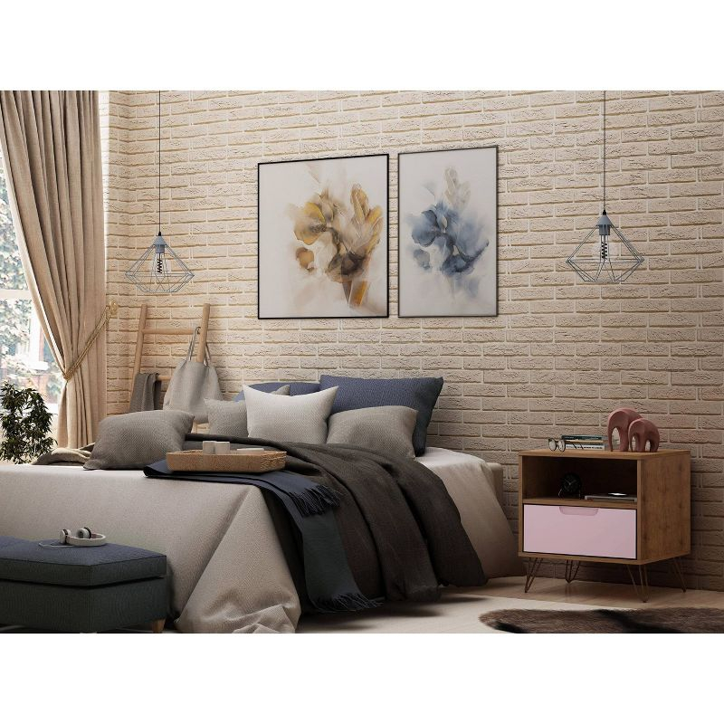 1.0 Rockefeller Nightstand Rose Pink - Manhattan Comfort: Mid-century Design, Metal Legs, Open Shelf