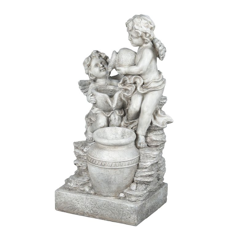 LuxenHome 30” Gray Resin Cherub Angels Outdoor Water Fountain with LED Lights, Garden Fountain Decor for Yard