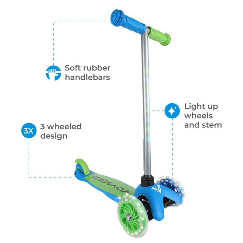 Voyager 3 Wheel Kick Scooter with Light Up Wheels and Tbar - Green