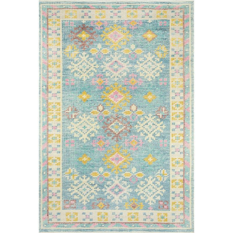 2'x3' Ophelia Accent Rug Ivory/Aqua Green - Momeni: Handmade Wool & Cotton, Bohemian Geometric, Medium Pile Rug