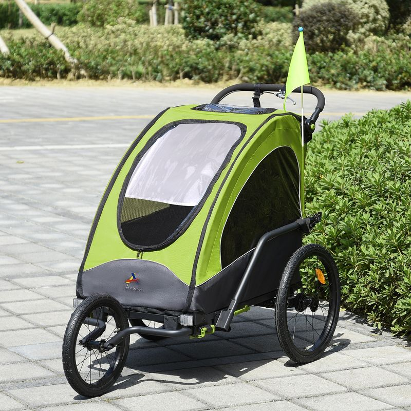 Aosom Bike Trailer for Kids 3 In1 Foldable Child Jogger Baby Stroller Transport Carrier, Rubber Tires Adjustable Kid Bicycle Trailer Green and Gray