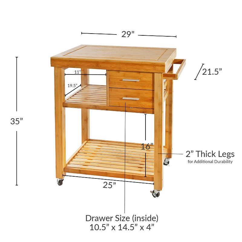 Home Aesthetics Rolling Bamboo Kitchen Island Cart Food Prep Trolley, with Towel Rack Drawers