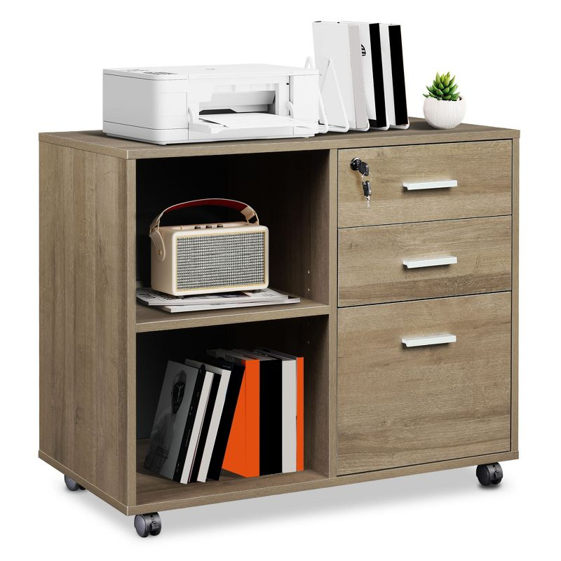 GALAXHERO 3-Drawer Wood Mobile File Cabinet, Lateral Filing Cabinet with Printer Stand and Open Shelves for Home Office, Gray Oak