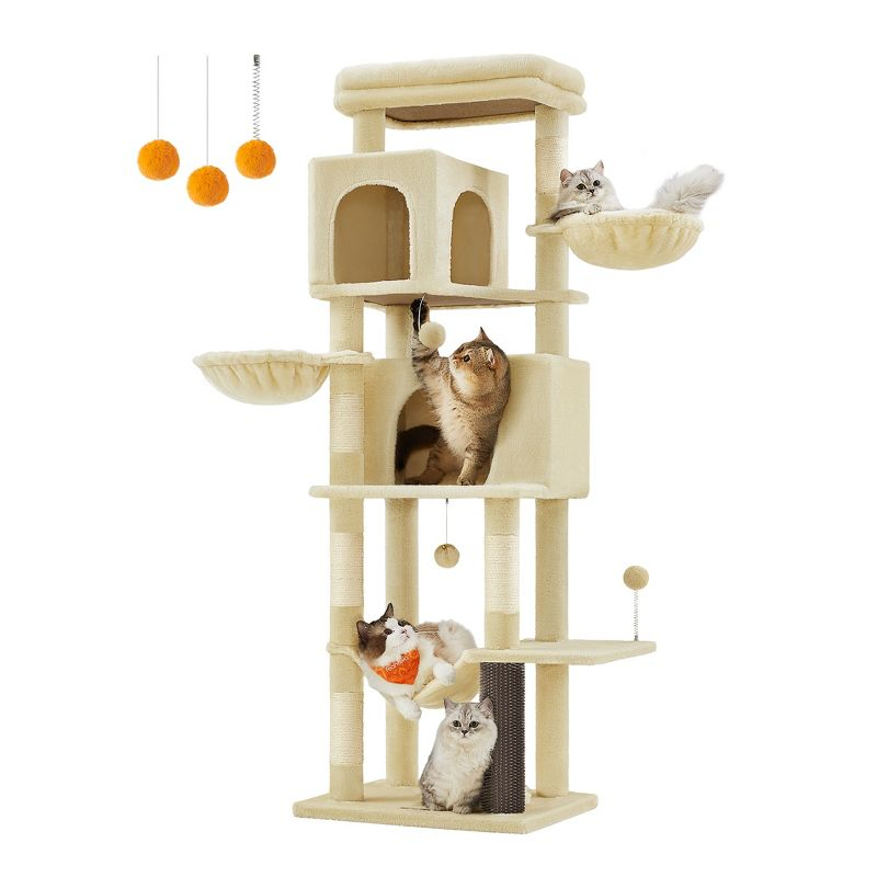 Feandrea Cat Tree, 69-Inch Tall Cat Tower for Indoor Cats, Multi-Level Cat Condo with 2 Caves, 2 Baskets, Sand Beige
