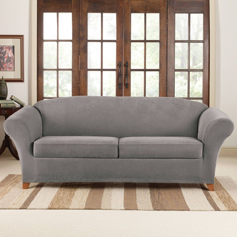 3pc Stretch Pique Sofa Slipcovers Flannel Gray - Sure Fit: Furniture Protector, Indoor Elastic Fit