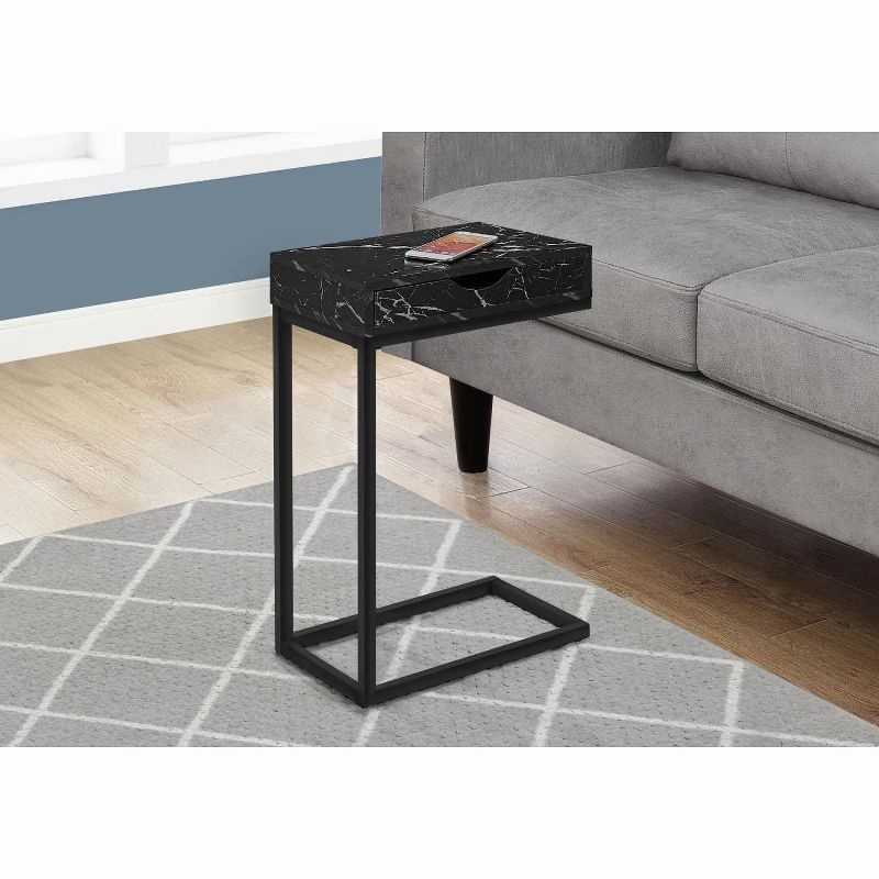 Monarch Specialties Accent Table C-Shaped End Side Snack Storage Drawer Living Room Bedroom Metal Laminate Black Marble Look Contemporary Modern