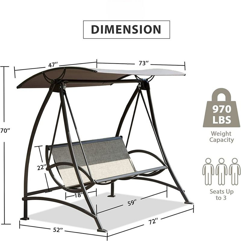 Outdoor 3-Seat Patio Swing Chair With Weather Resistant Canopy Steel Frame Swinging Bench For Garden Poolside Backyard