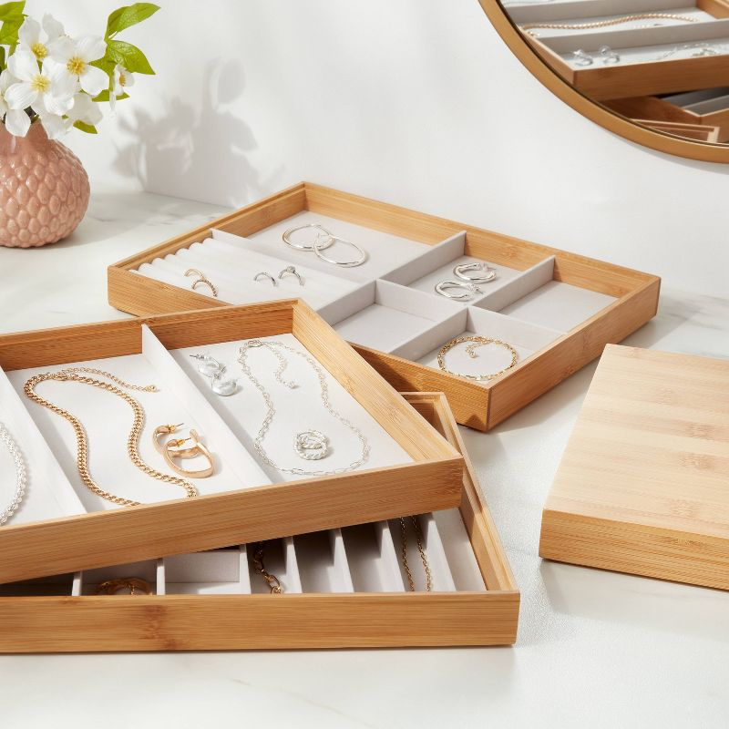 9"x12" Stackable Bamboo Accessory Tray Set with Lid - Brightroom™: Jewelry Organizer, Divided Storage, Light Brown