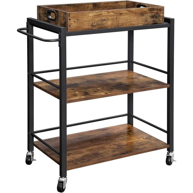 VASAGLE Kitchen Serving Cart with Removable Tray, 3-Tier Kitchen Utility Cart on Wheels with Storage, with Brakes, Rustic Brown and Black