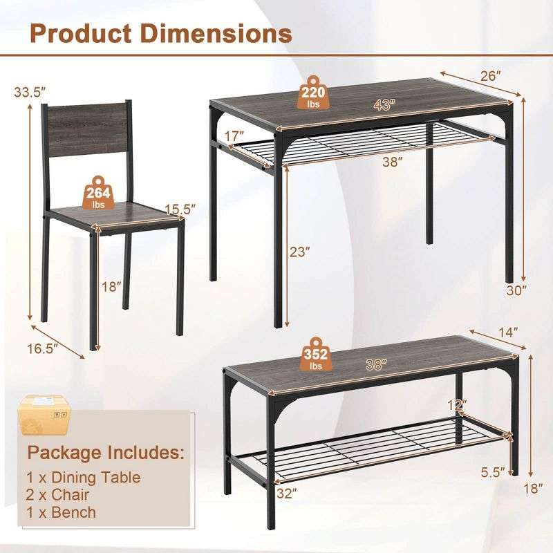 Costway 4 PCS Dinette Set for Small Place Breakfast Nook Modern Dining Table with 2 Chairs Grey
