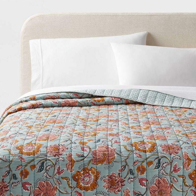 Full/Queen Earthy Vines Quilt Light Teal Blue/Mustard Yellow/Light Pink Floral - Threshold™: Cotton Voile, Machine Washable, OEKO-TEX Certified