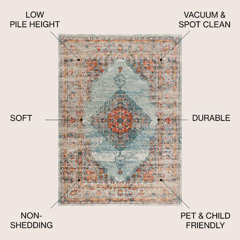 4'x6' Cadiz Vintage Medallion Area Rug, Coral/Turquoise - JONATHAN Y