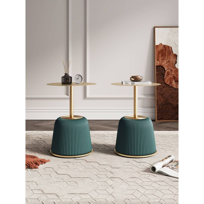 Manhattan Comfort Set of 2 Anderson Leatherette Upholstered End Tables with Gold Tabletop Green: Round, No Assembly, Stainless Steel Frame