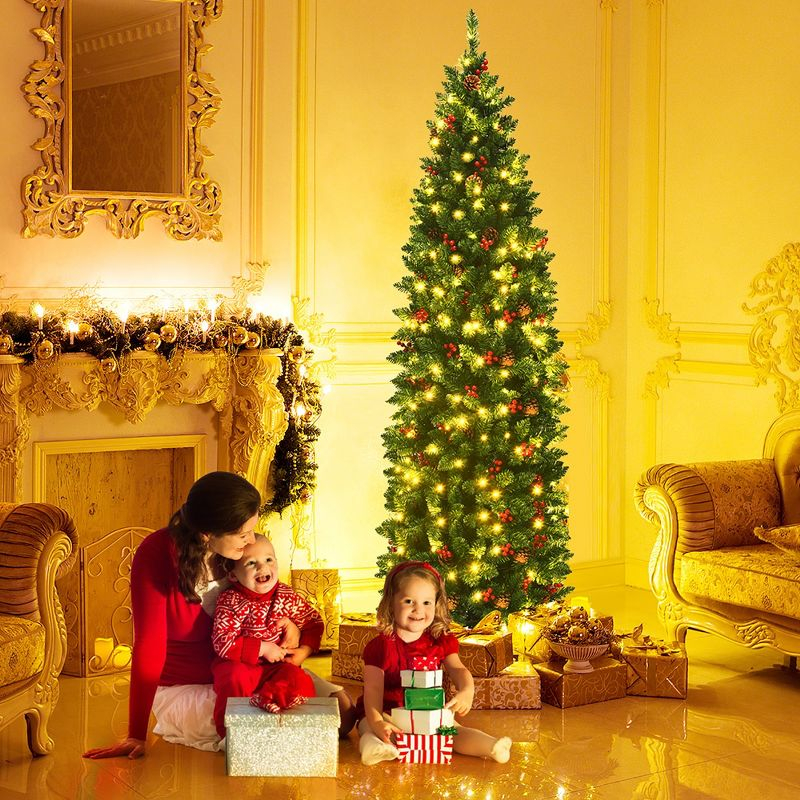 Costway 6.5Ft Pre-lit Hinged Pencil Christmas Tree w/Pine Cones Red Berries & 250 Lights