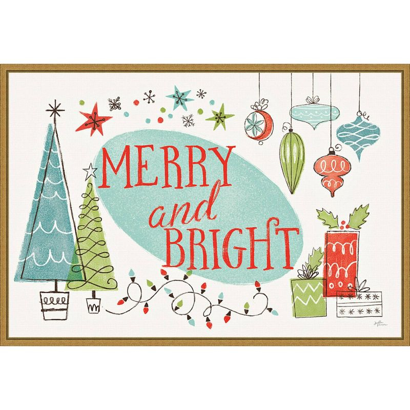 23" x 16" Merry and Bright Christmas Tree by Janelle Penner Framed Canvas Wall Art - Amanti Art: Mid-Century Modern Holiday Decor