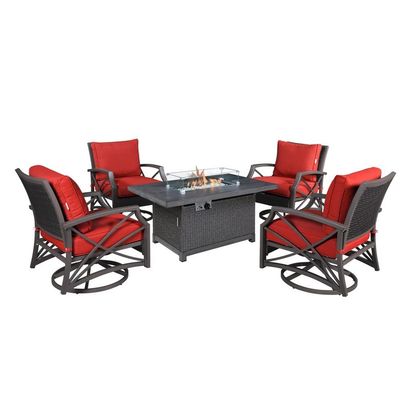 Kinger Home 5-Piece Patio Furniture Set with 52-inch Fire Pit table and swivel chairs, 50,000 BTU CSA Certified, Rattan Wricker, Accessories Included