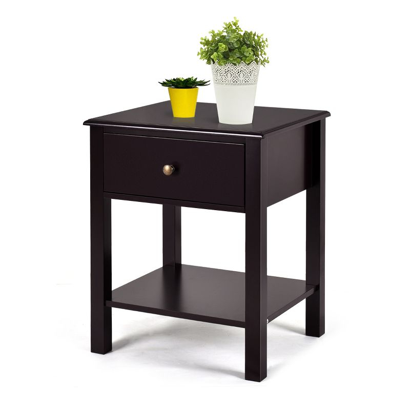 Tangkula End Table Nightstand w/Drawer & Shelf Bedroom Living Room Furniture Brown