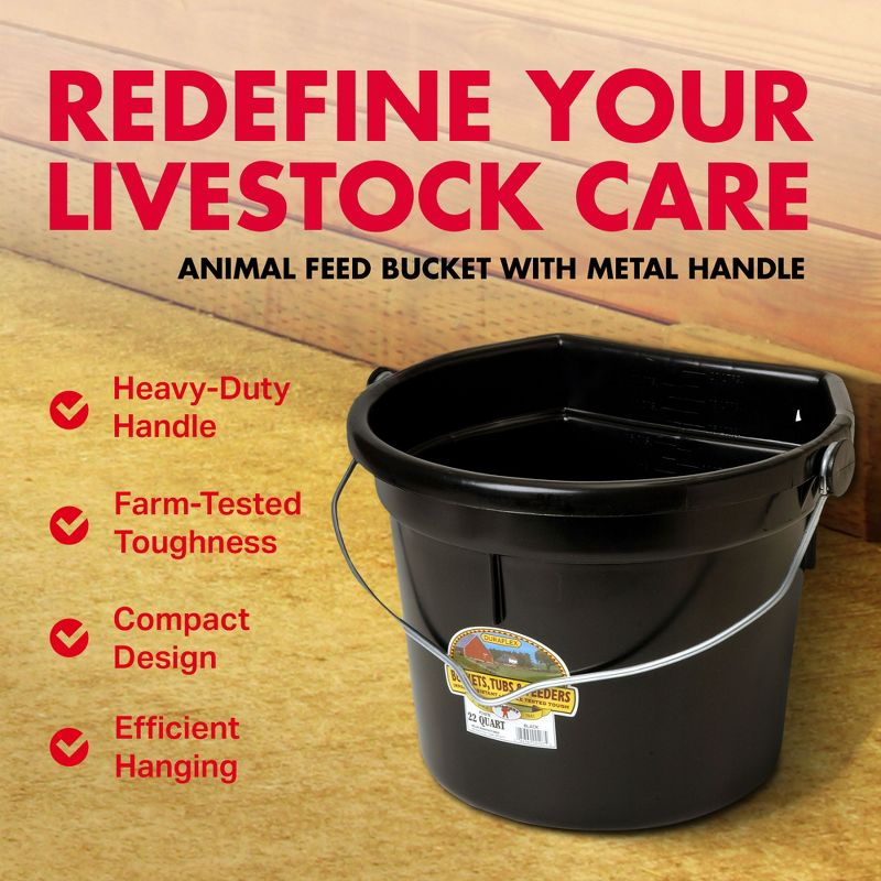 Little Giant 22 Quart Durable and Heavy-Duty Flat Plastic Animal Feed Bucket with Knob Bail and Stacking Ribs for Farms and Ranches, Black