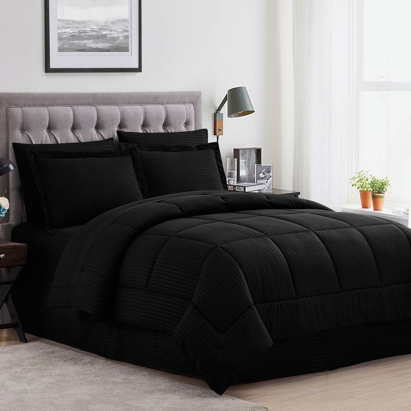8 Piece Embossed Dobby Stripe Bed In A Bag Set - Queen, Black