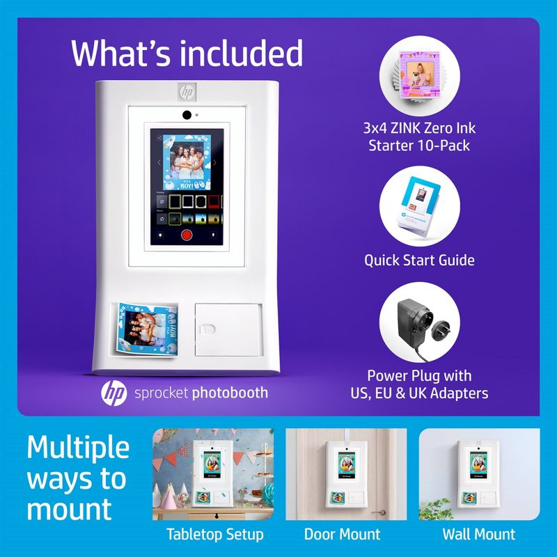 HP Sprocket Photobooth 3" x 4" Color Photo Printer with Touch Screen, LED Ring Light, Wi-Fi & More! - White