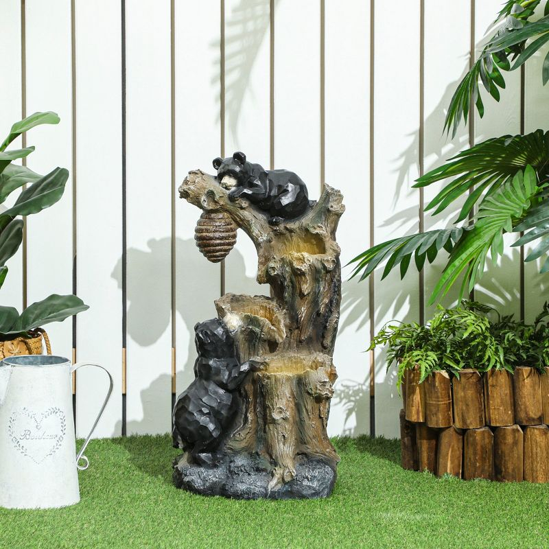 Outsunny 22.4" Outdoor Water Fountain, 3-Tier Floor Standing Resin Bears and Honey Beehive Tree Waterfall Fountain with LED Lights, Pump