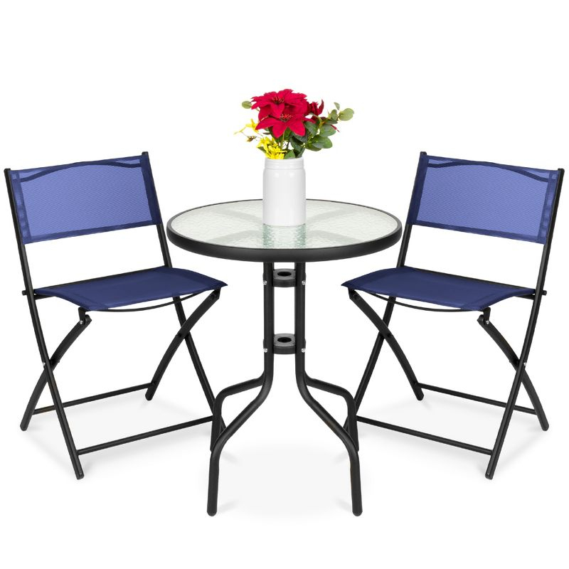 George Oliver 3-Piece Patio Bistro Dining Furniture Set W/ Glass Tabletop, Folding Chairs