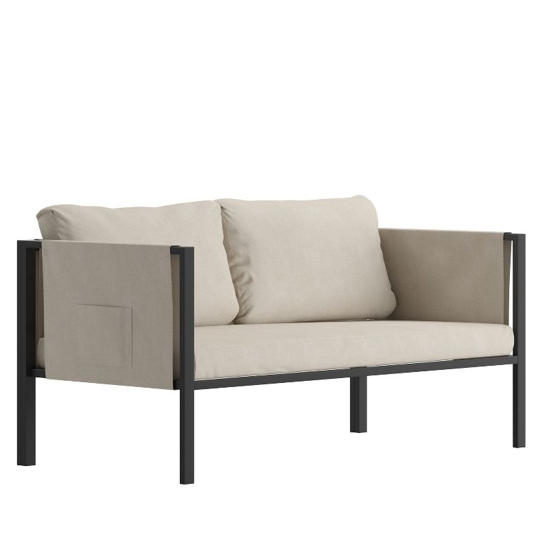 Flash Furniture Lea Indoor/Outdoor Loveseat with Cushions - Modern Steel Framed Chair with Storage Pockets, Black with Beige Cushions