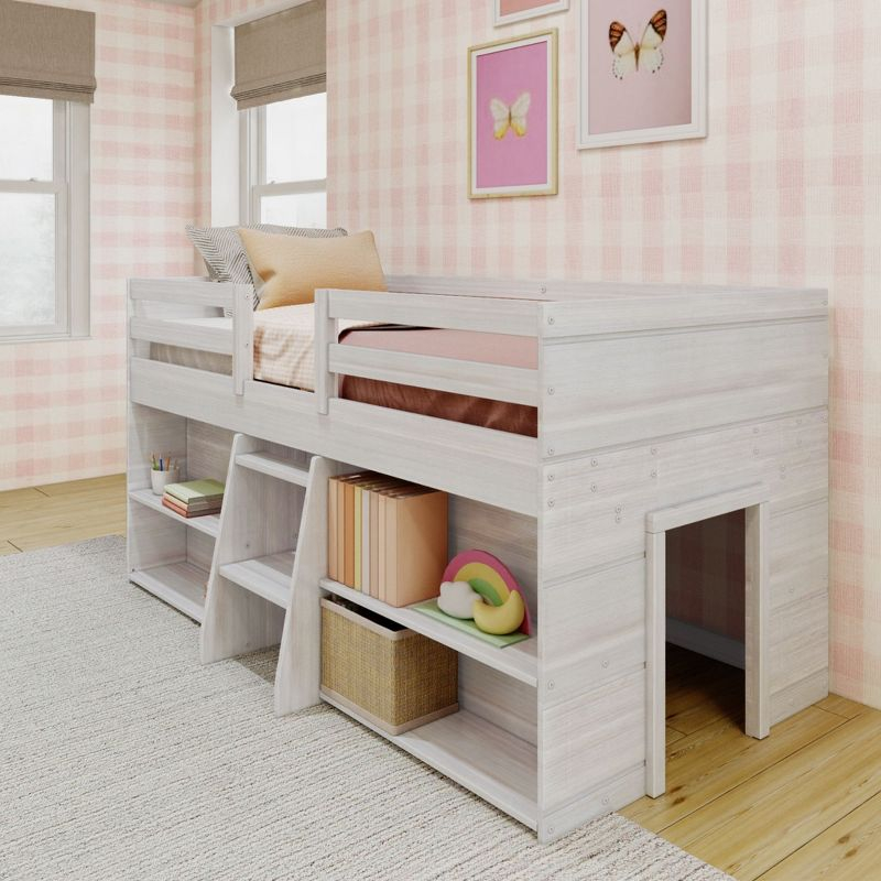 Max & Lily Loft Bed Twin Size, Solid Wood Low Loft Bed with 2 Bookcases and Ladder, Modern Farmhouse Loft Bed for Kids, White Wash