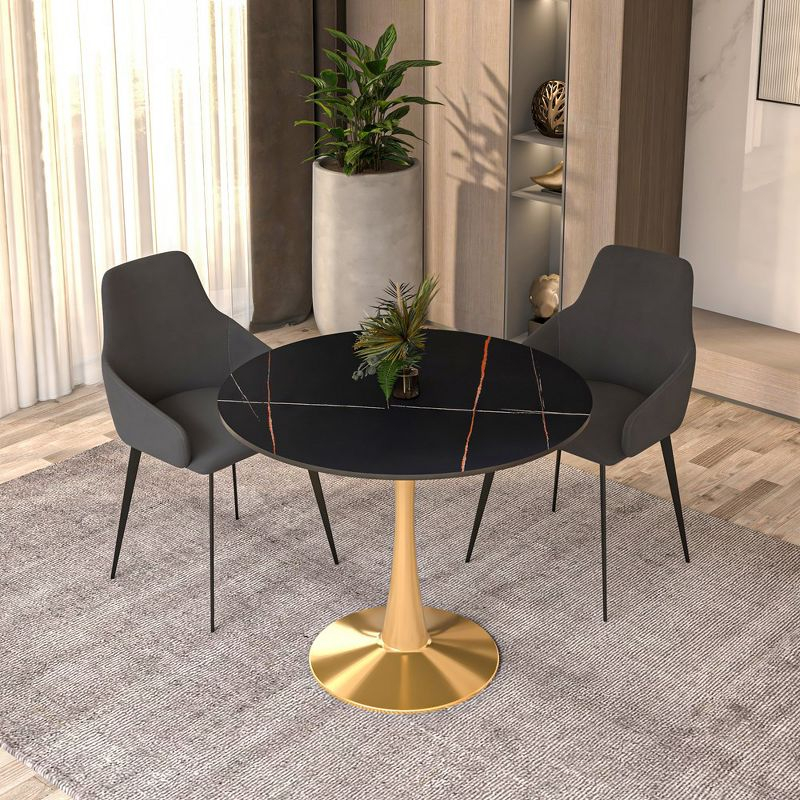 LeisureMod Bristol 35" Round Dining Table – Sintered Stone Top Accent Café Table & Sturdy Steel Gold Pedestal Base for Kitchen and Small Spaces