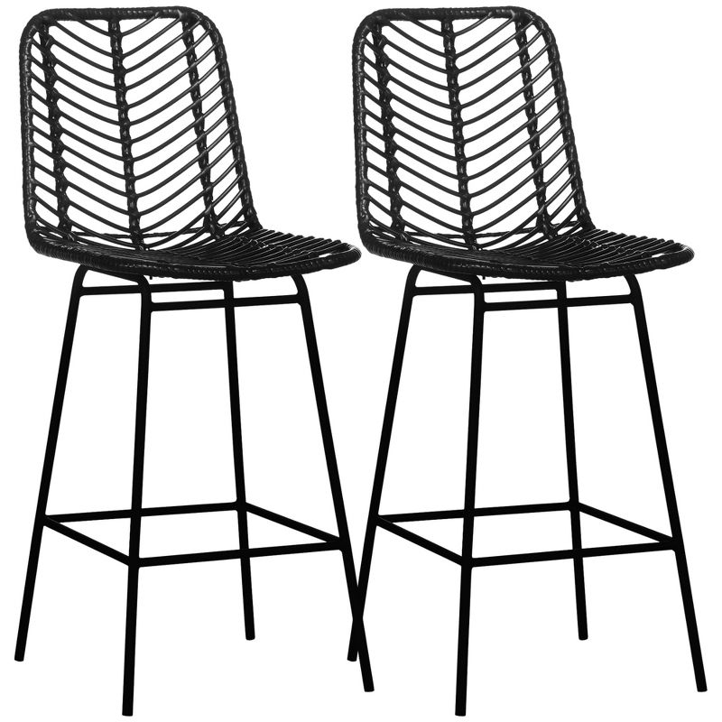 HOMCOM Modern Rattan Bar Stools Set of 2, Breathable Steel-Base Wicker Counter Height Barstools for Kitchen Counter, Black