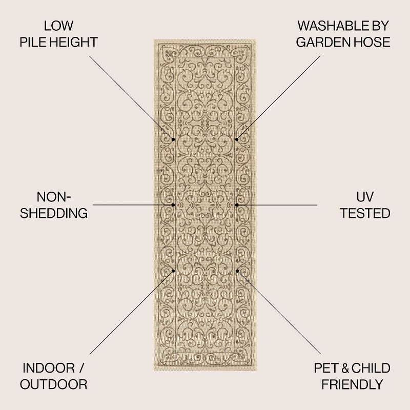 2' X 10' Charleston Vintage Filigree Textured Weave Indoor/Outdoor Runner Rug, Beige/Brown - JONATHAN Y