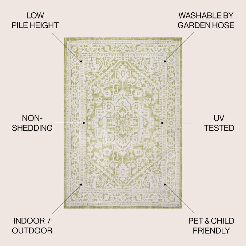 5' x 8' Sinjuri Medallion Textured Weave Indoor/Outdoor Area Rug, Green/Cream - JONATHAN Y