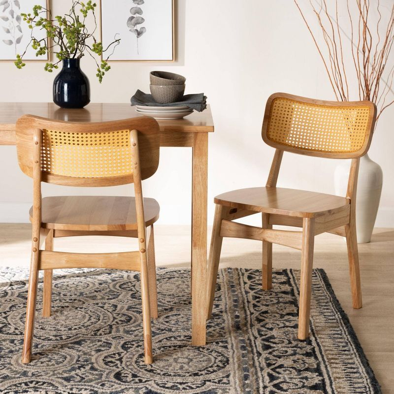 Baxton Studio 2pc Tadeo Wood and Rattan Dining Chair Set Oak Brown/Light Brown: Rubberwood Frame, Spot Clean
