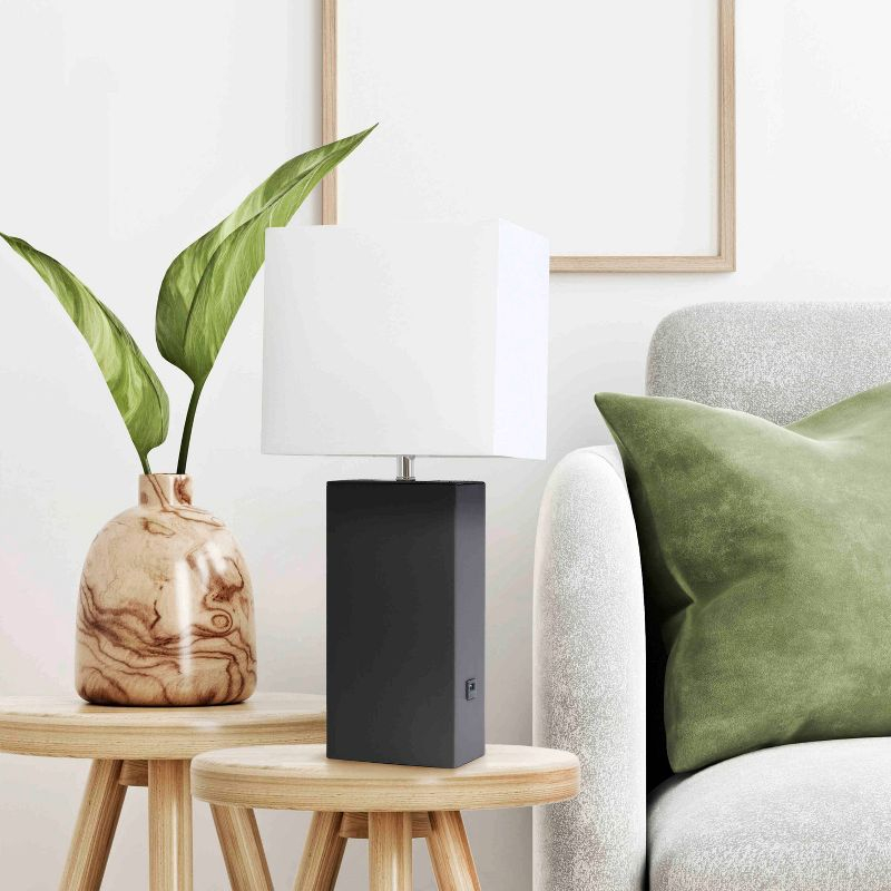Lalia Home 21" Lexington Leather Base Modern Home Decor Bedside Table Lamp with USB Charging Port and Fabric Shade Black/White: UL Listed