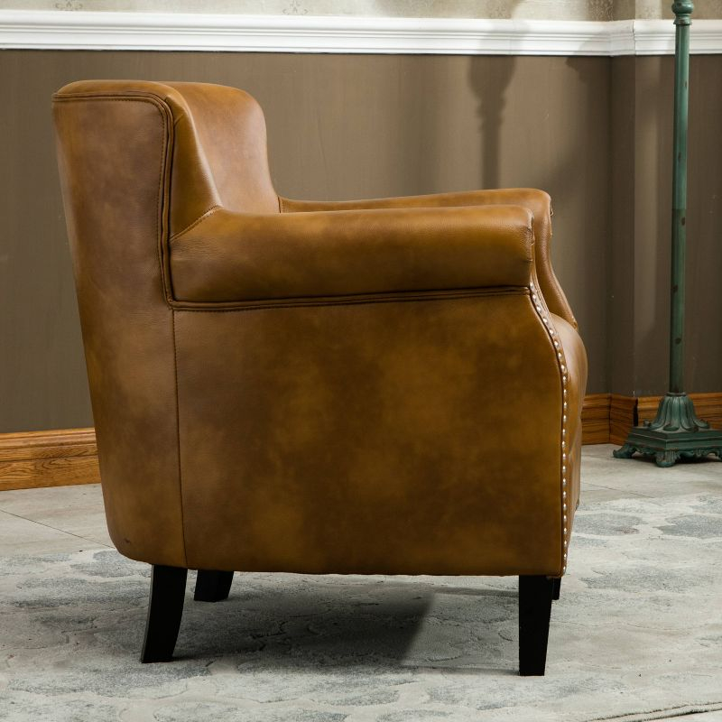 Comfort Pointe Holly Club Chair Camel: Upholstered Nailhead Trim, Faux Leather, Sturdy Wood Frame