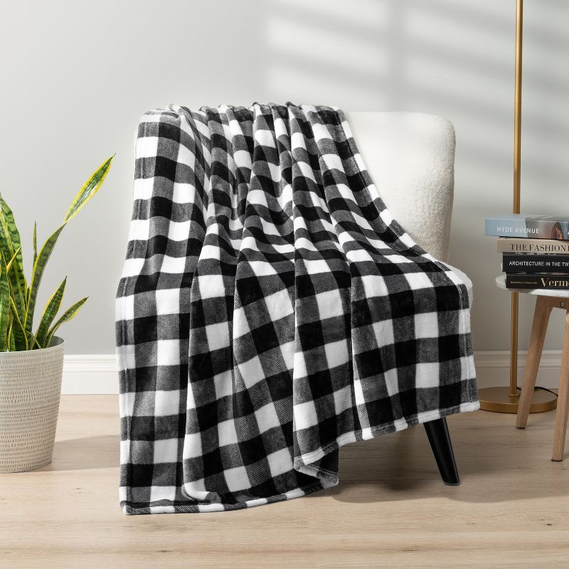 PAVILIA Premium Fleece Throw Blanket for Sofa Couch, Soft Flannel Plaid Stripe Decorative Print Blanket, Plaid White/Black/Throw - 50x60